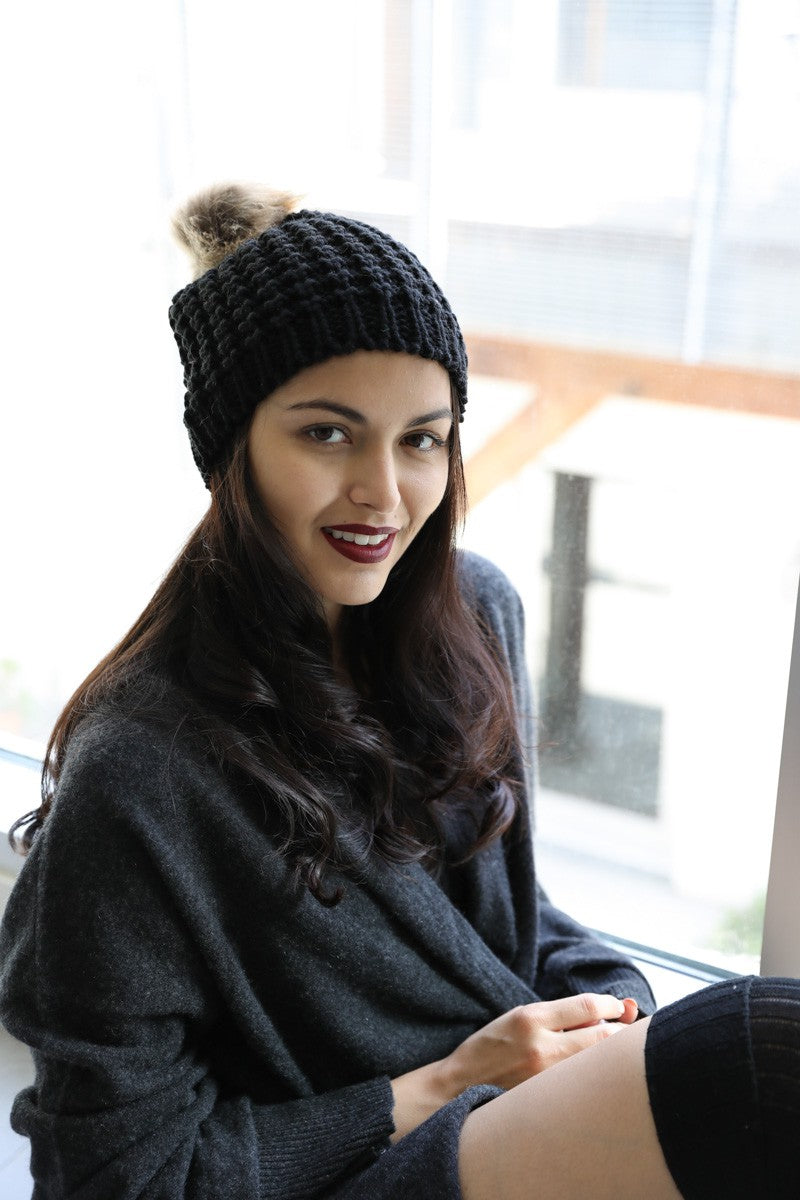 Textured Beanie With Pom Pom
