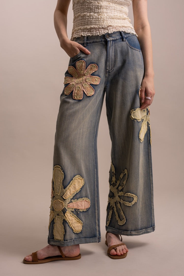 Blue Velvet Flower Patchwork Denim Pants