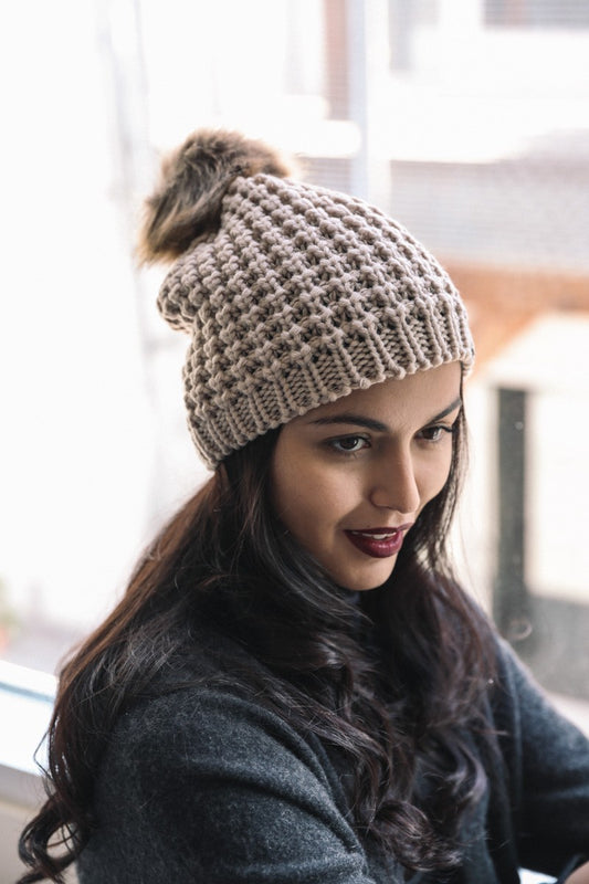 Textured Beanie With Pom Pom