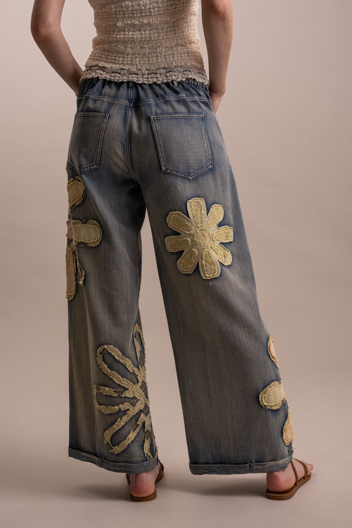 Blue Velvet Flower Patchwork Denim Pants