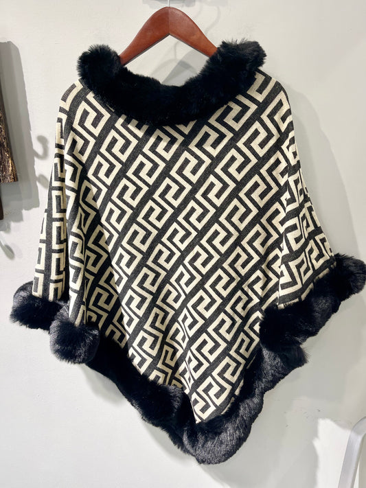 Faux Fur Trimmed Poncho