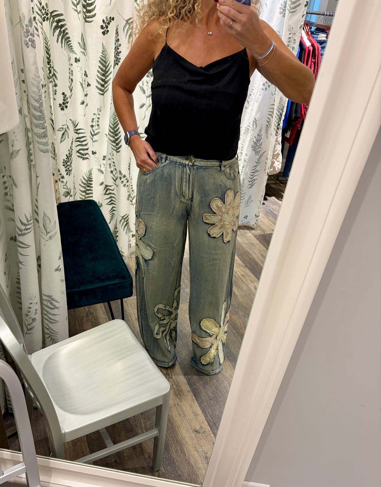 Blue Velvet Flower Patchwork Denim Pants
