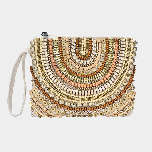 Ethnic Wood Metal Beaded Bag / Wristlet