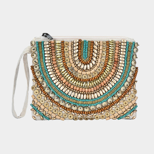 Ethnic Wood Metal Beaded Bag / Wristlet