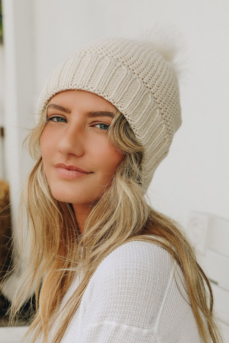 Pom Hat With Faux Sherpa Lining