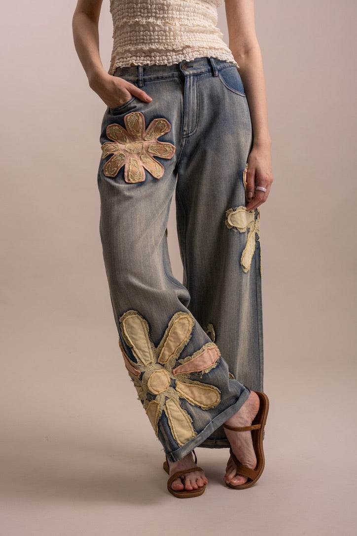 Blue Velvet Flower Patchwork Denim Pants