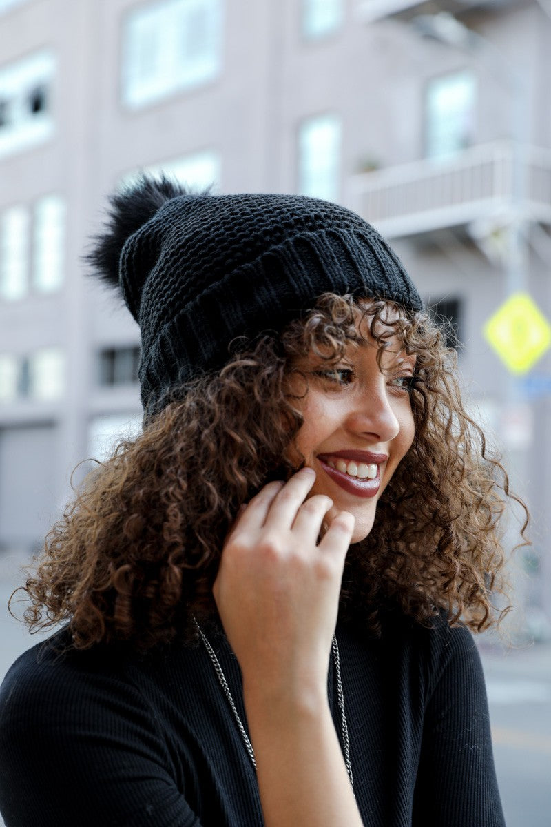 Pom Hat With Faux Sherpa Lining