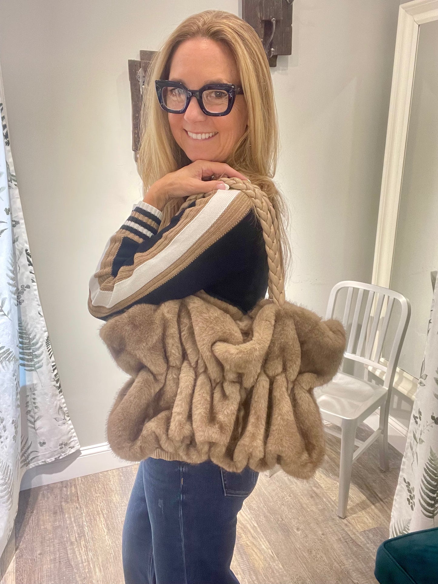 Lux Faux Fur Handbag with Braided Handle