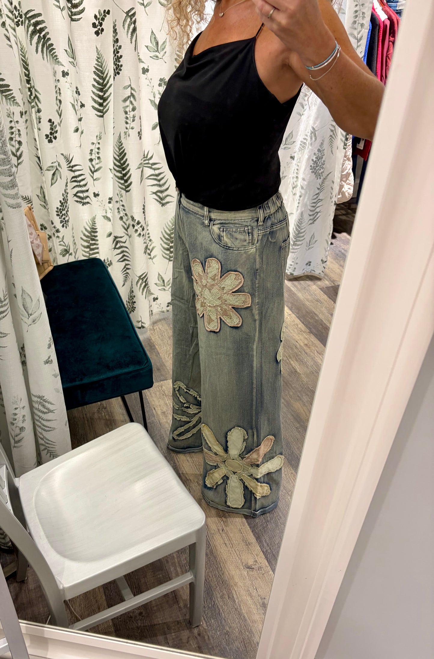 Blue Velvet Flower Patchwork Denim Pants