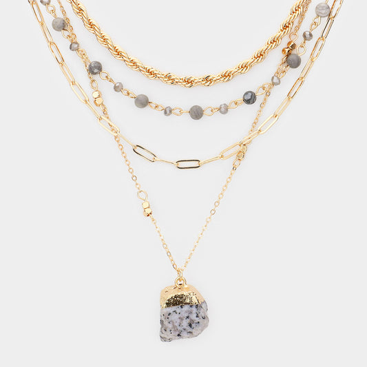 Natural Stone Pendant Triple Layered Necklace