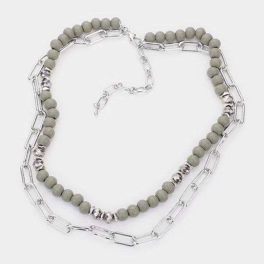 Natural Stone Paperclip Metal Chain Layered Necklace