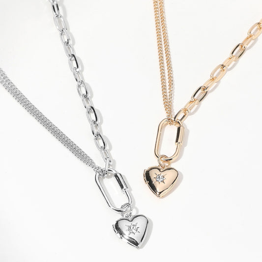 Heart Locket Carabiner Charm Necklace