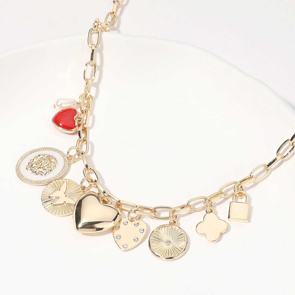 Golden Charm and Enamel Heart Necklace