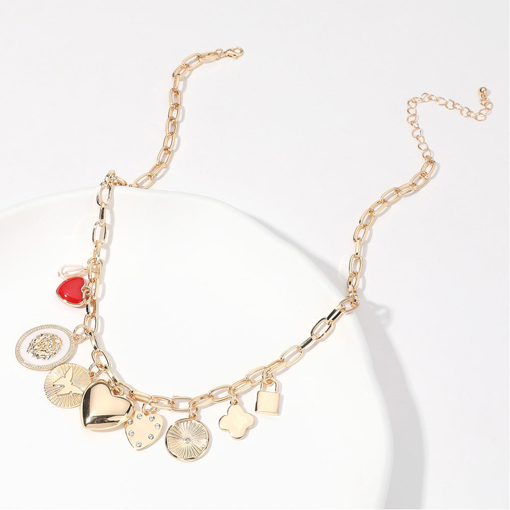 Golden Charm and Enamel Heart Necklace