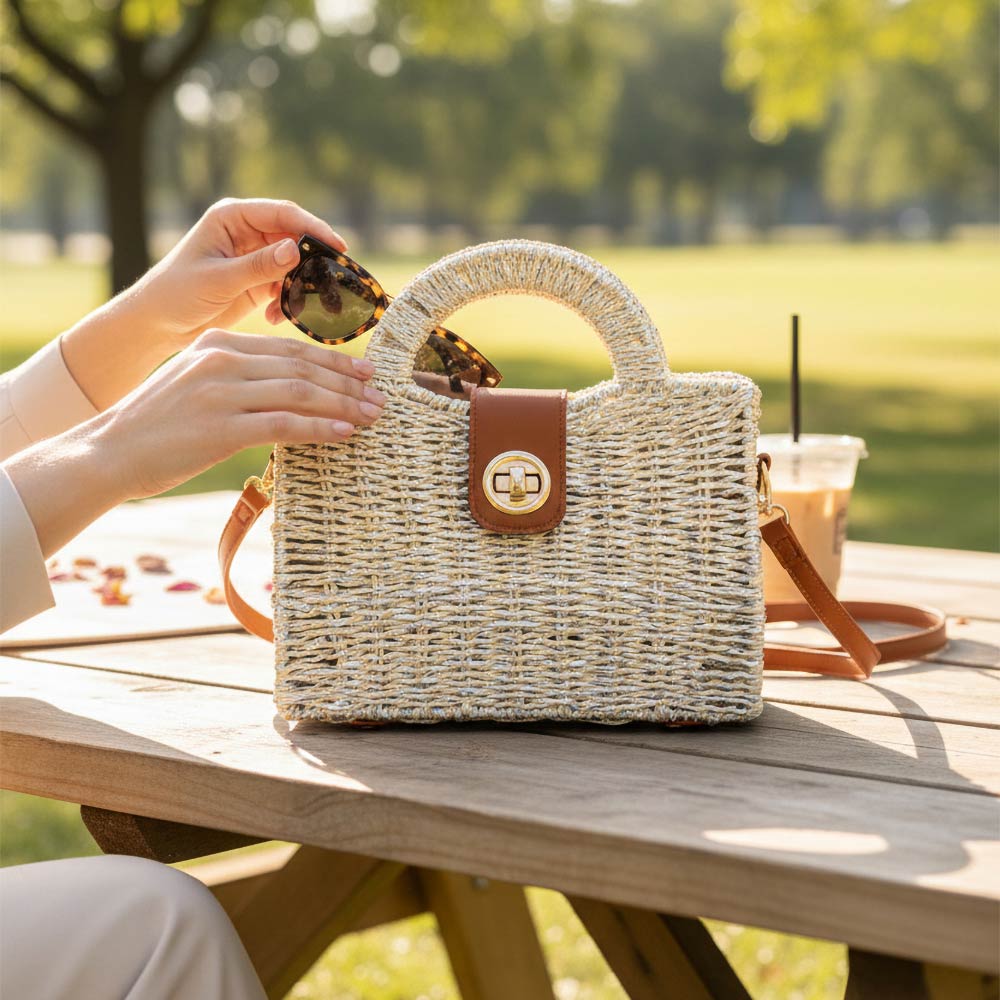 Structured Handle Woven Mini Crossbody Bag