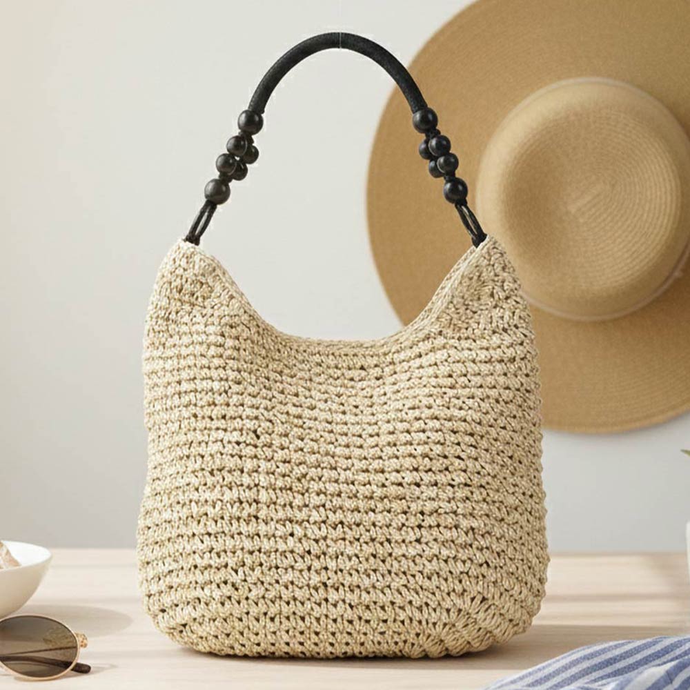 Bamboo Handle Paper Woven Shoulder Tote Bag