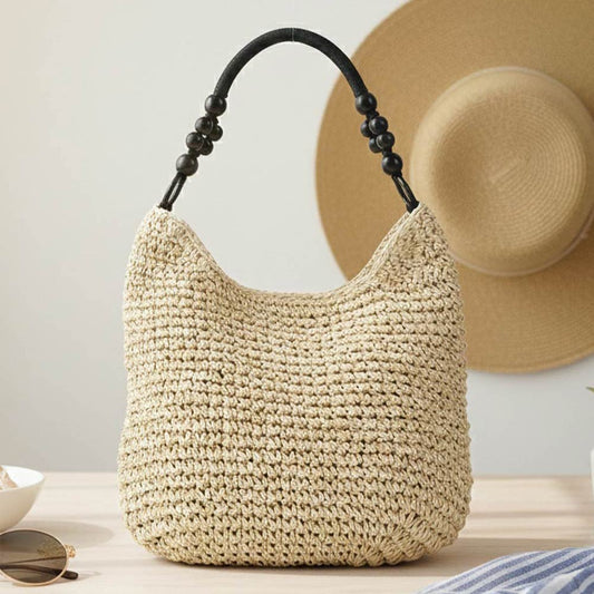 Bamboo Handle Paper Woven Shoulder Tote Bag