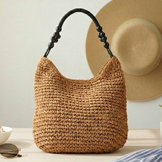 Bamboo Handle Paper Woven Shoulder Tote Bag