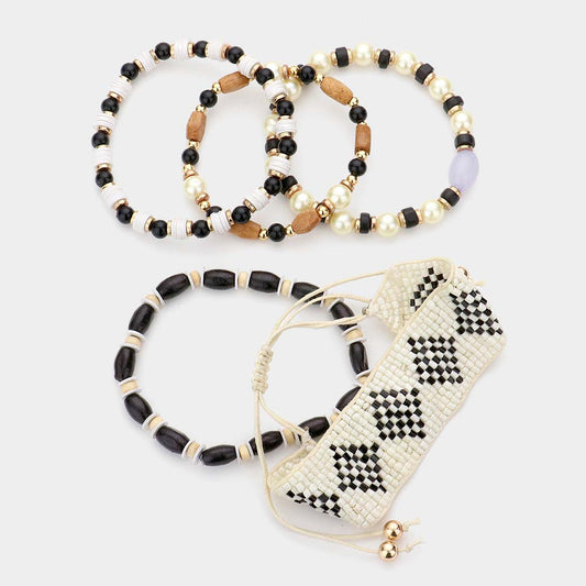 Boho Beaded Wood and Pearl Bracelets