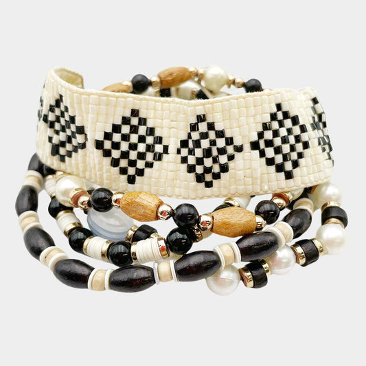 Boho Beaded Wood and Pearl Bracelets