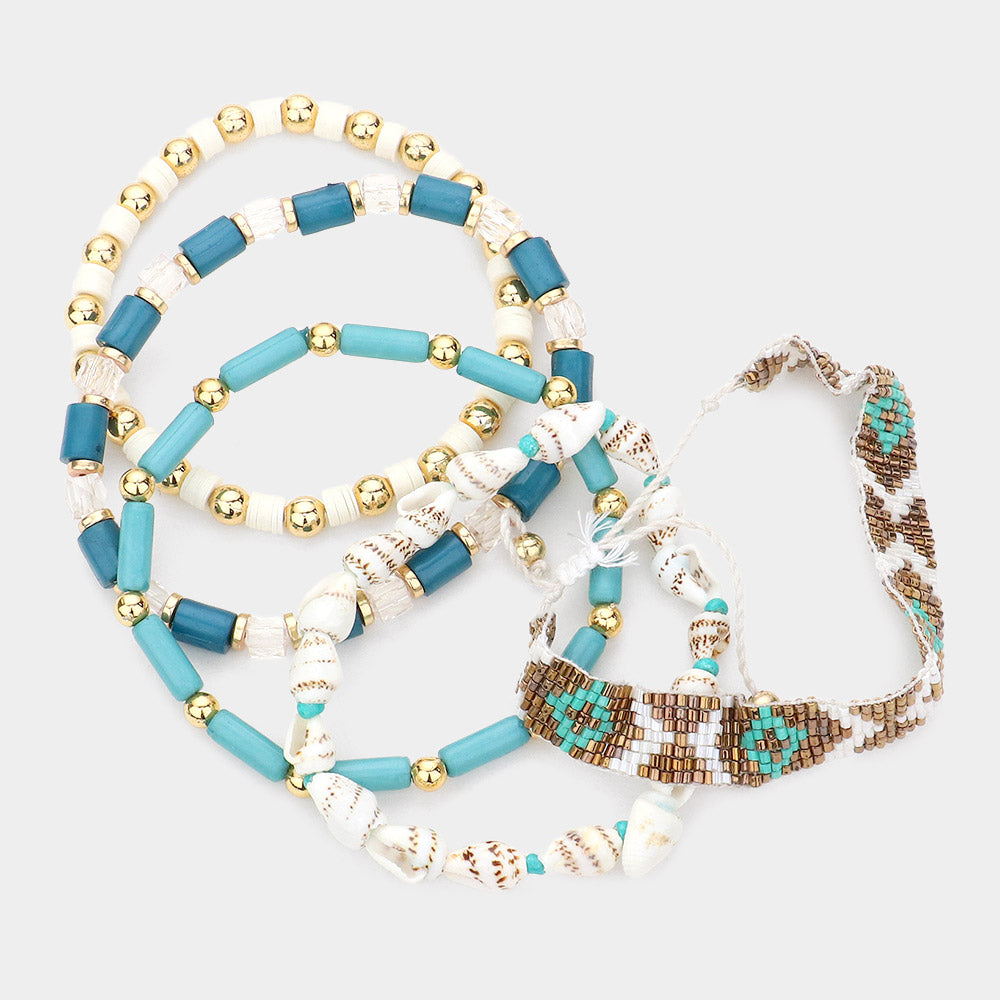 Boho Beaded Turquoise and Shell Bracelet Set