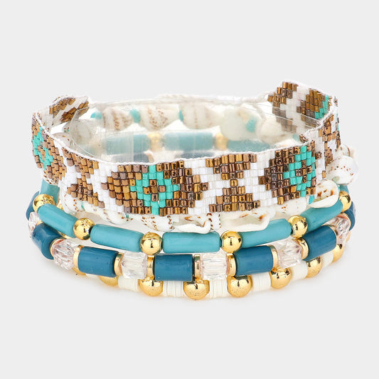 Boho Beaded Turquoise and Shell Bracelet Set