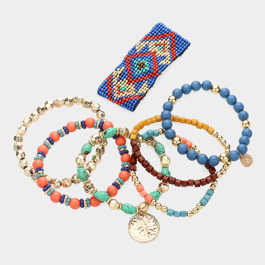 Set of 7 Boho Stretch Multi Layered Bracelets