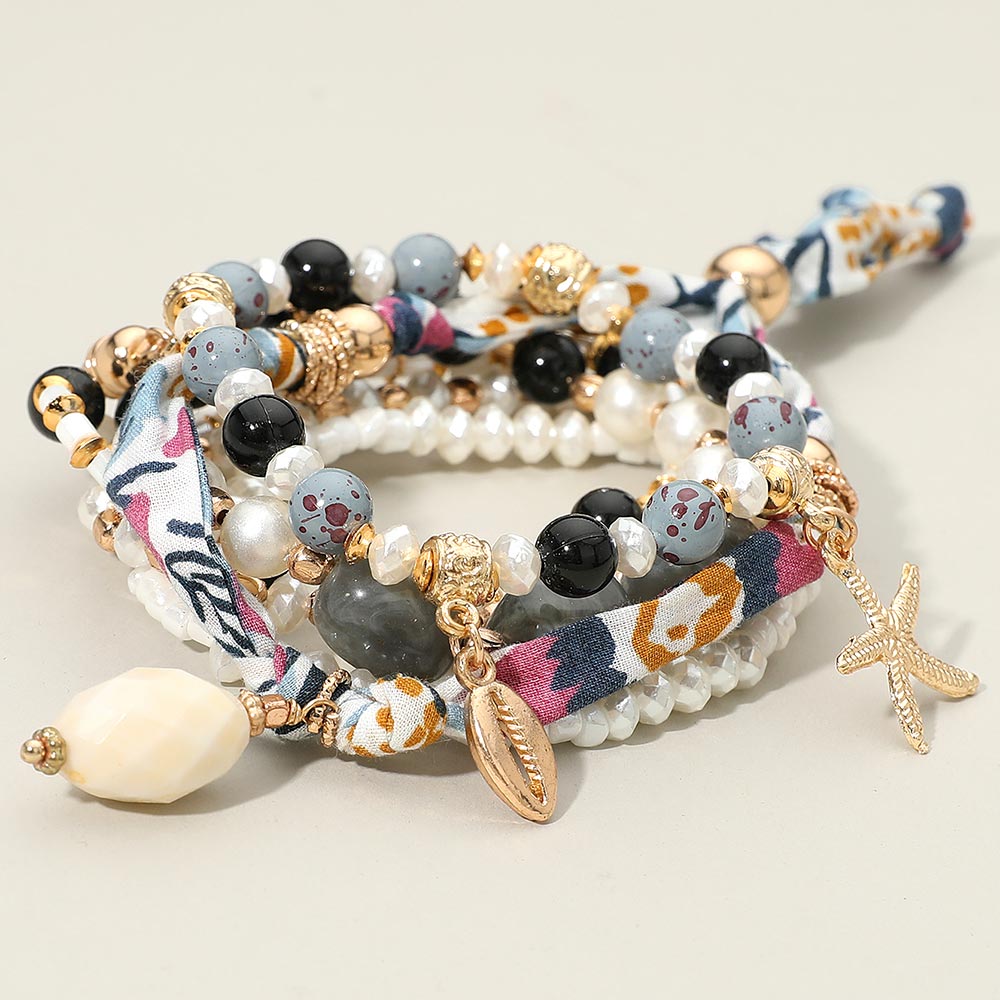 Boho Sea Shell Charm Pearl Beaded Bracelet Set