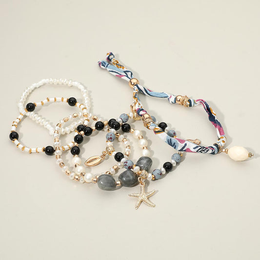 Boho Sea Shell Charm Pearl Beaded Bracelet Set