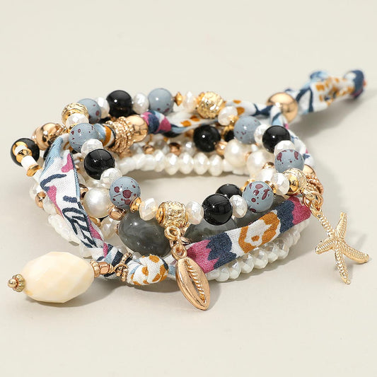 Boho Sea Shell Charm Pearl Beaded Bracelet Set