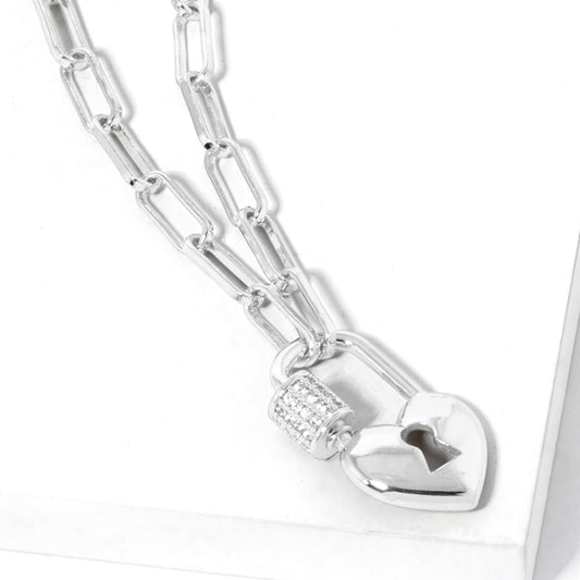 White Gold Dipped Heart Lock Necklace