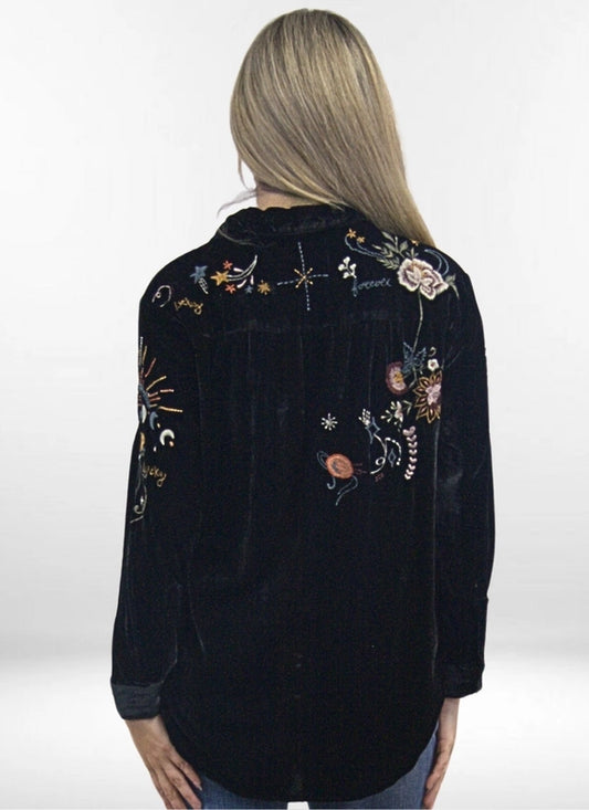 Caite & Kyla Selena Embroidered Velvet Top