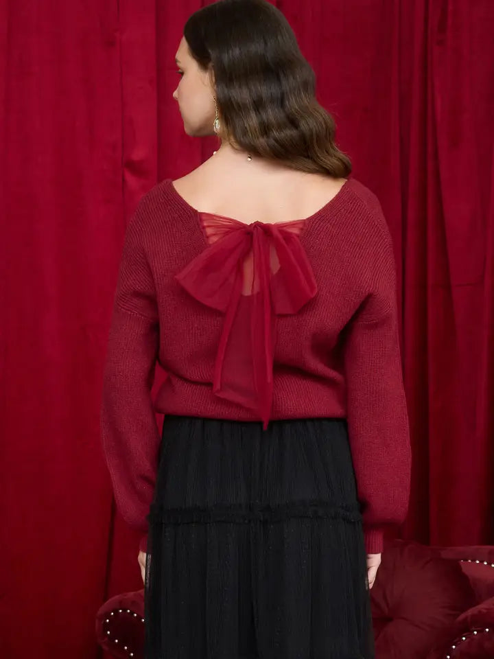 Blu Pepper Back Bow V Neck Sweater
