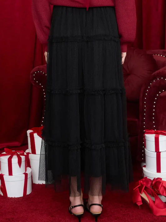 Blu Pepper Black Tulle Tiered Midi Skirt