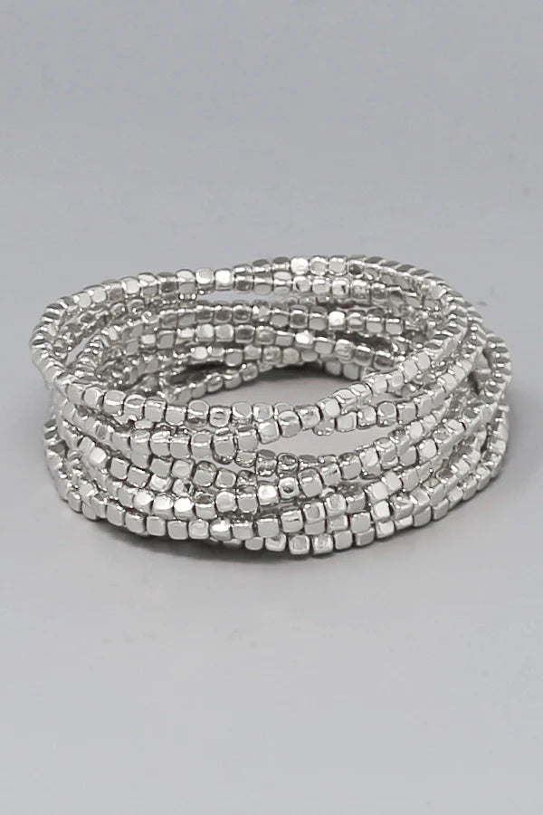 Beaded Rhodium Stretch Bracelet Set