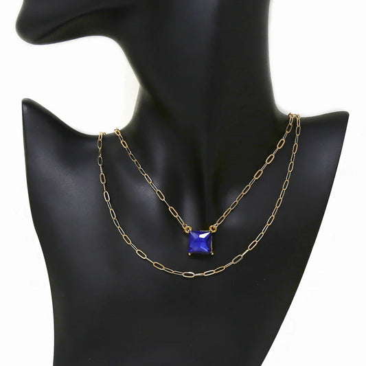 Square Glass Stone Layered Chain Short Necklace