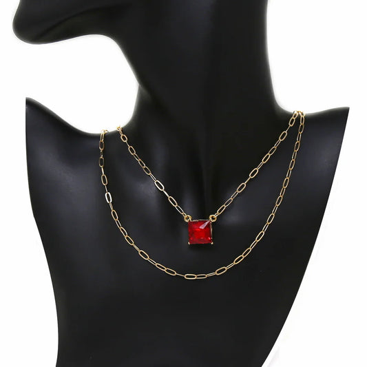 Square Glass Stone Layered Chain Short Necklace