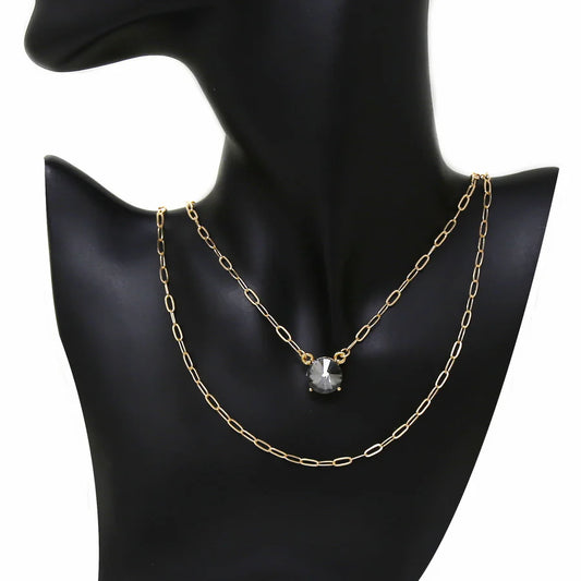 Round Glass Stone Layered Chain Short Necklace