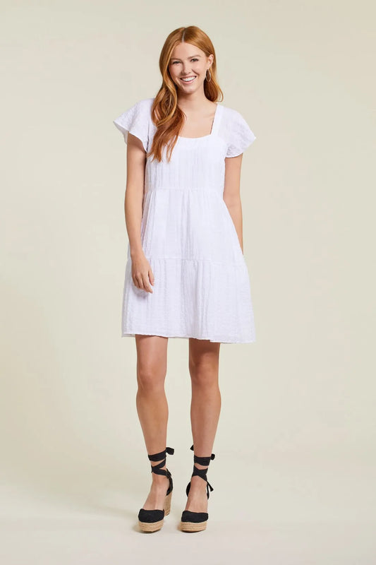 Tribal Lined White Ruffle Sleeve Dress