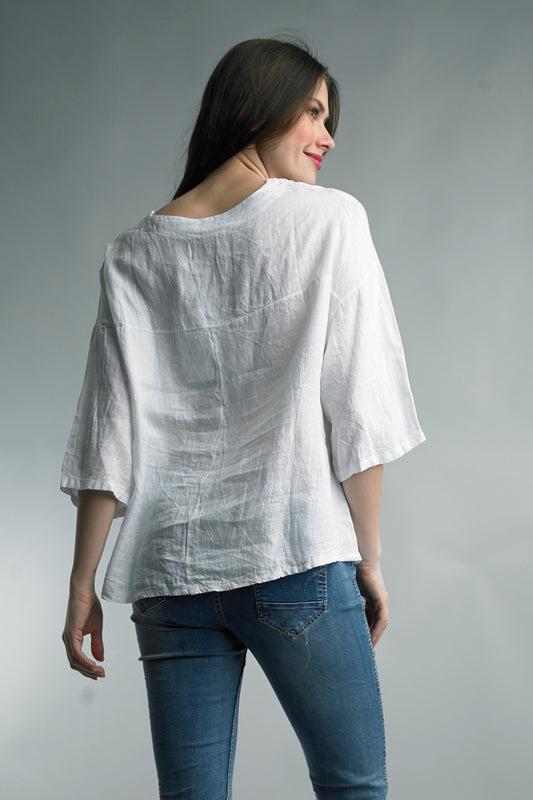 Tempo Paris V Neck 3/4 Sleeve Linen Top