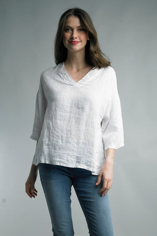 Tempo Paris V Neck 3/4 Sleeve Linen Top