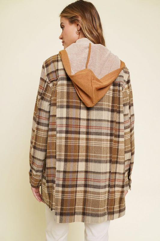 Mystree Plaid Shirt Jacket with Hood - LARGE