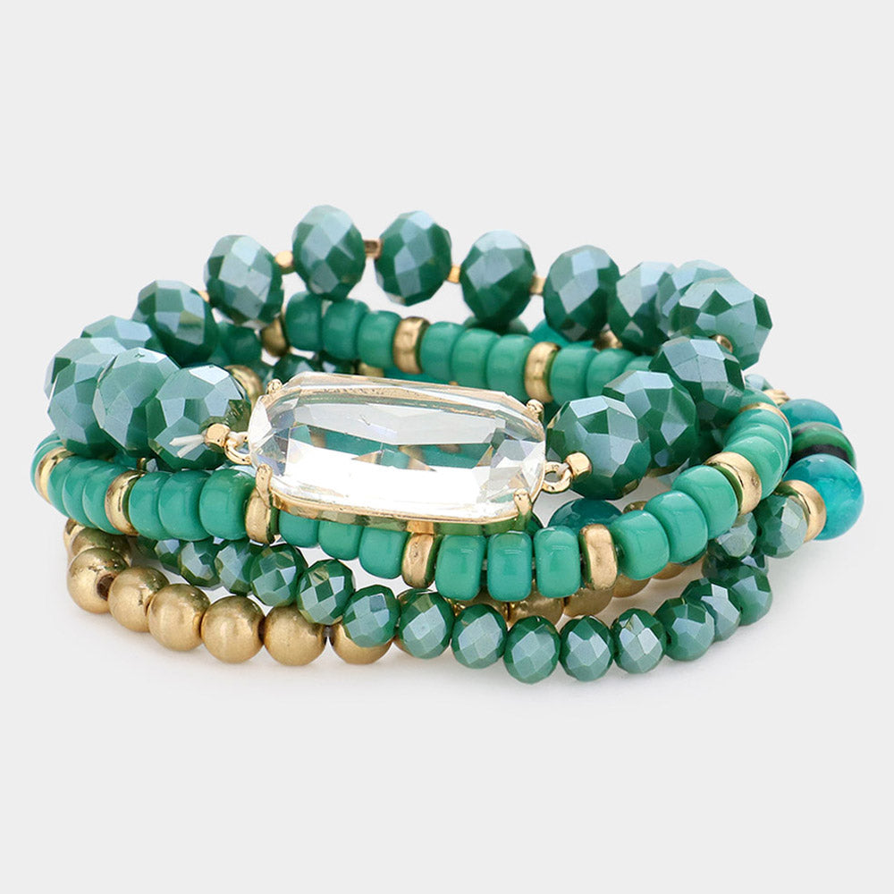 Oval Lucite Accented Beaded Stretch Bracelets
