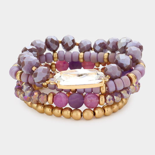 Oval Lucite Accented Beaded Stretch Bracelets