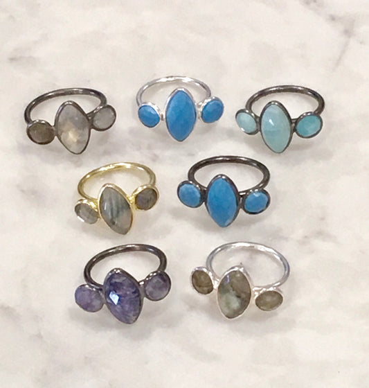 Semiprecious 3-Stone Adjustable Ring in Sterling Silver