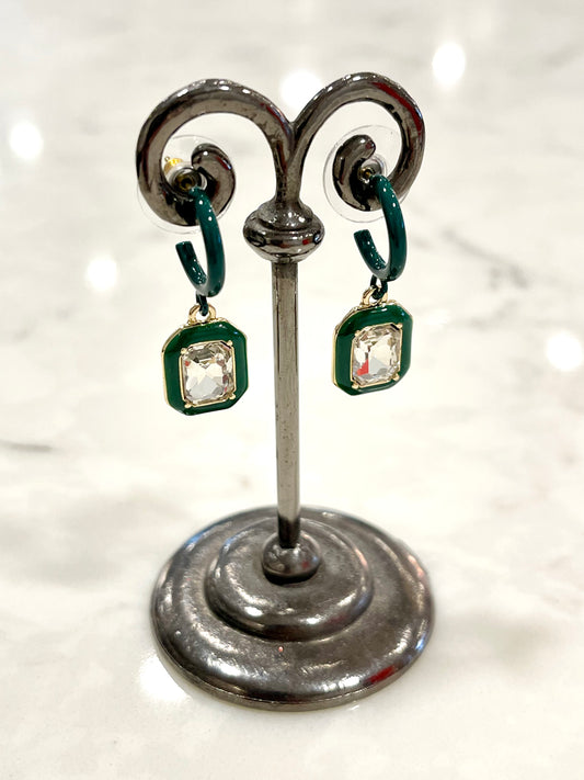 Enamel and Crystal Drop Hoop Earrings